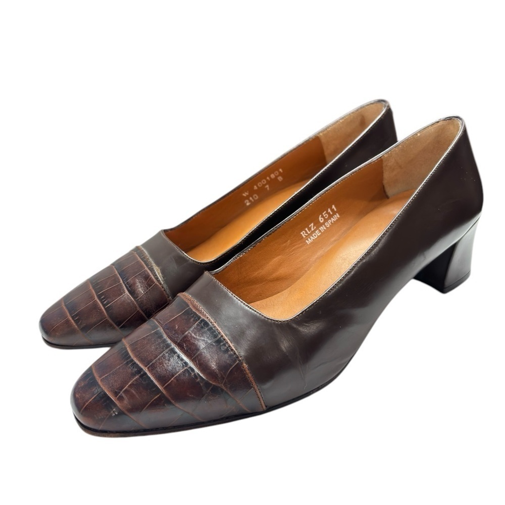 VTG Ralph Lauren Womens Brown Croc Embossed Block Heel Pump Size 7 Made in Spain